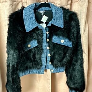 Denim & Faux Mink Crop Jacket